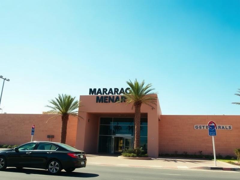Entrée de l'aéroport Marrakech Ménara avec palmiers